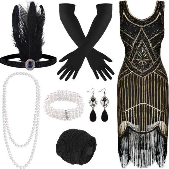 1920s V-Neck Sequin Beaded Fringed Dress Black Golden XL with 20s Accessorie Set - Picture 1 of 5